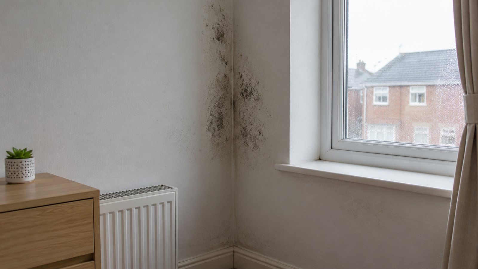 Condensation-related mould on a cold wall beside a window