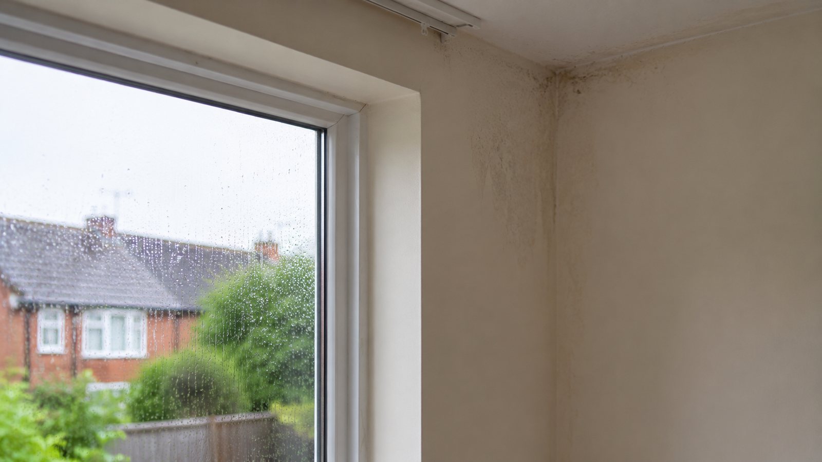 Internal damp staining beside a window during wet weather