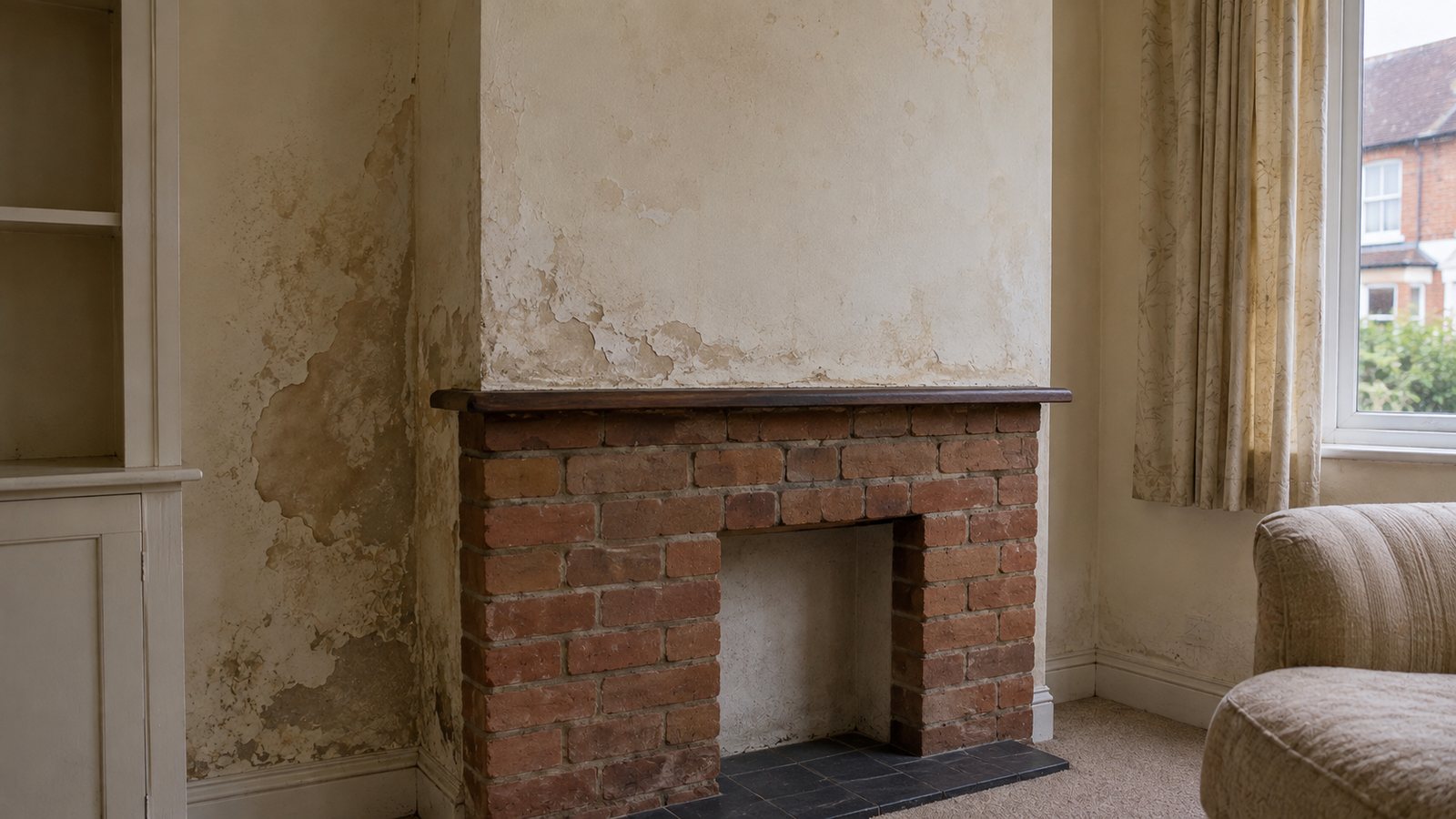 Damp staining and damaged plaster around an older chimney breast