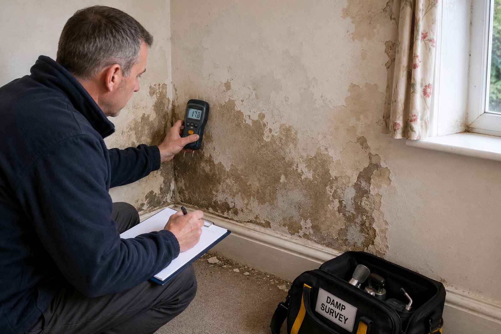 Damp surveyor inspecting moisture damage to an internal wall
