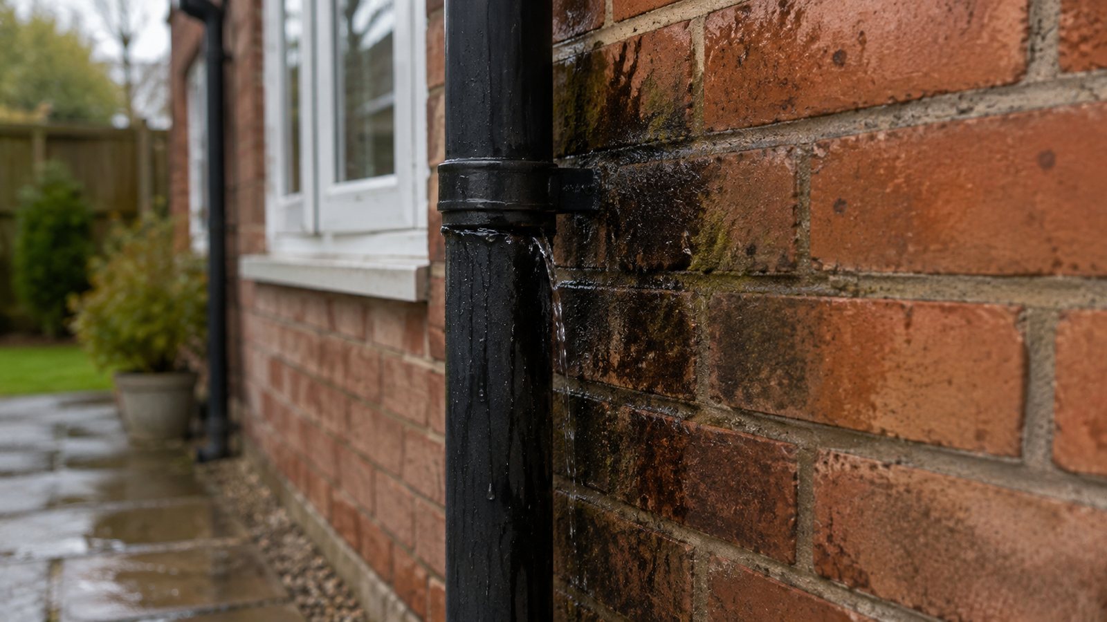 Leaking rainwater downpipe wetting external brickwork