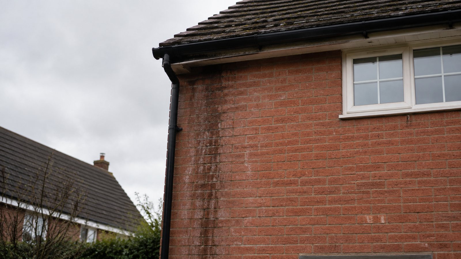 Rainwater gutter and external brick wall showing prolonged wetting
