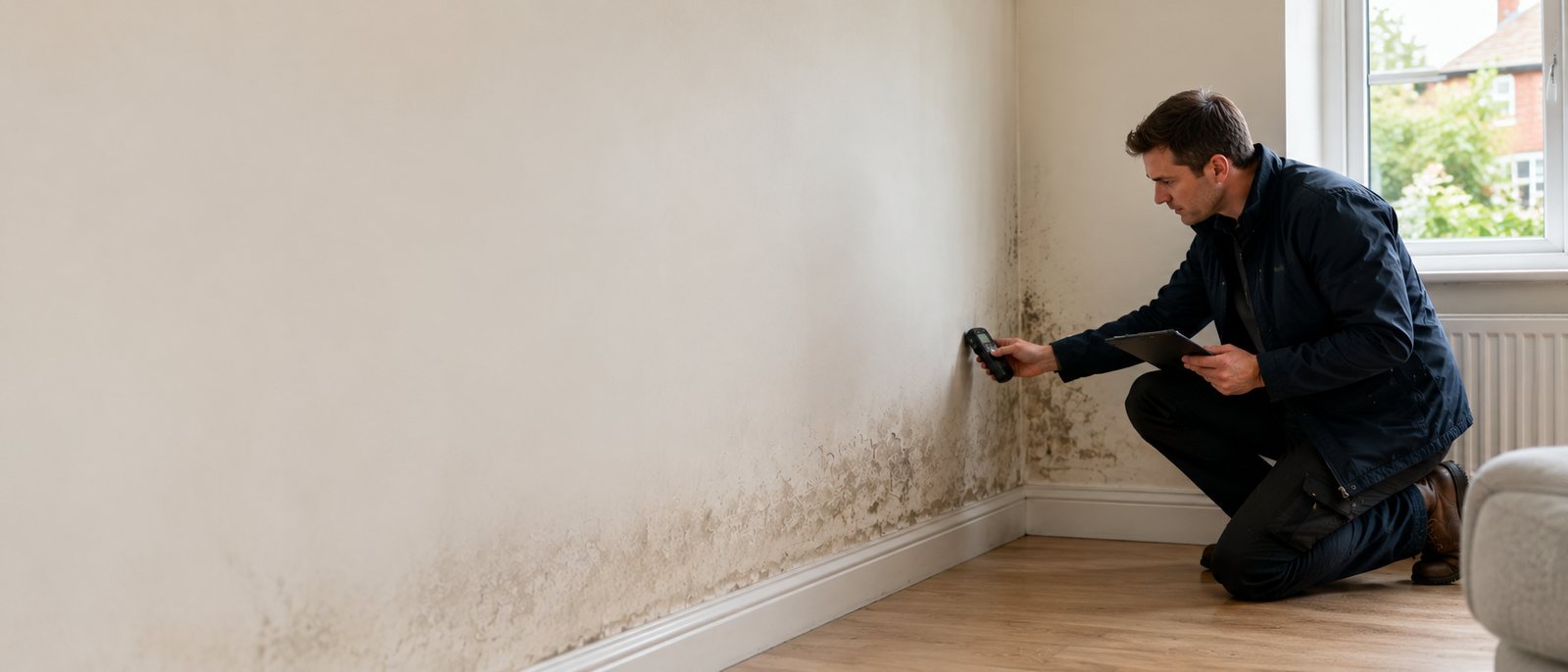 Low-level damp staining and damaged plaster being inspected inside a home